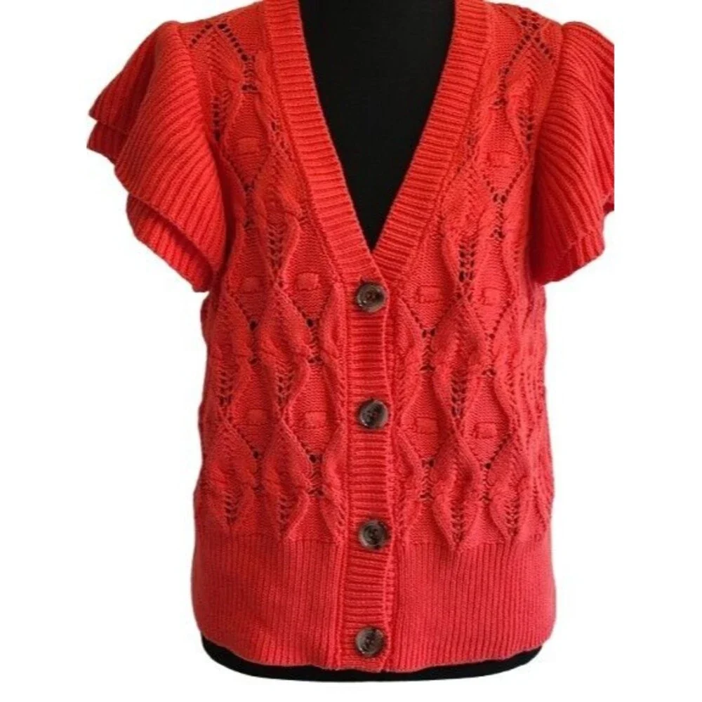 Marc New York Andrew Marc Coral Pink Flutter Sleeve Cable Knit Cardigan Sweater